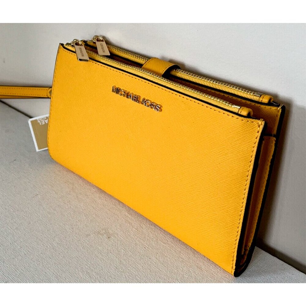 S Michael Kors Double Zip Wristlet Jasmine Yellow Leather 35F8GTVW0L NWT $258 MS
